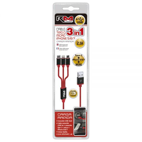 CABLE CARGADOR RM USB 3 EN 1 TIPO-C, MICRO, IPHON 