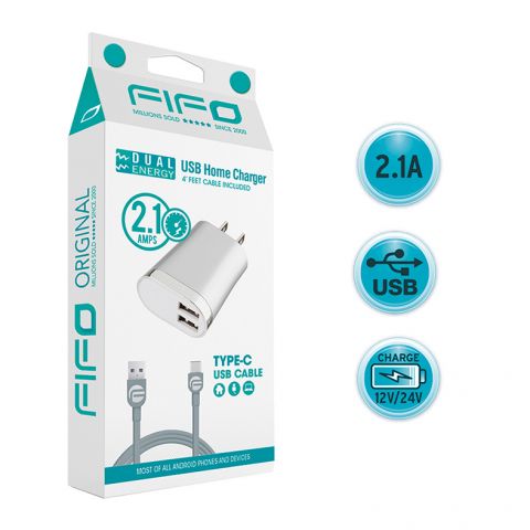 CARGADOR HOME DOBLE SALIDA USB 2,1A CABLE TIPO C