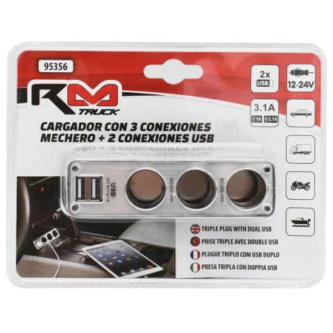 CARGADOR MECHERO TRUCK TRIPLE CONEXIÓN USB, 12-24V